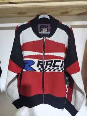 Copper Rivet Men’s Red Black Zip-Up Racing Knit Sweater